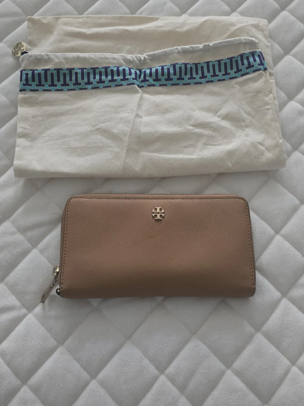 Tory Burch Taupe Zip-Around Leather Wallet with Gold Logo